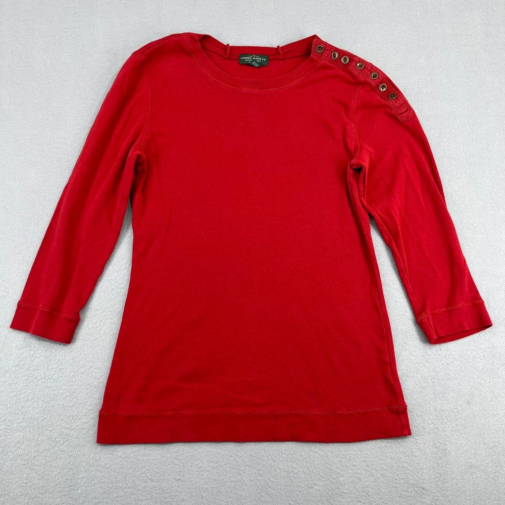 Lauren Ralph‎ Lauren Red Button Shoulder 3/4 Sleeve Cotton Top Petite Medium PM